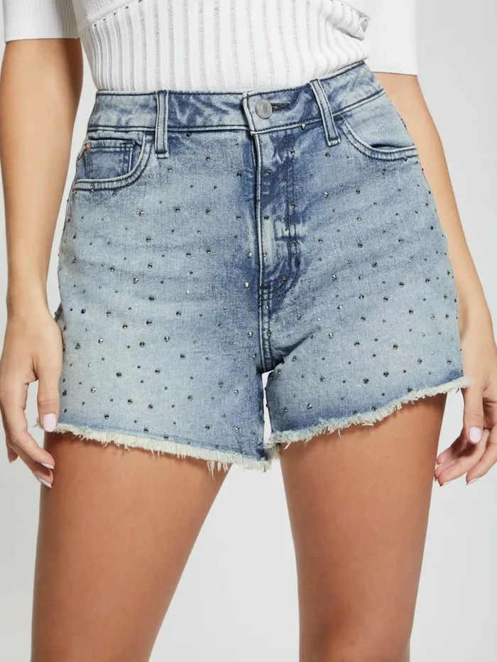 GUESS Jeans and Denim Women Rhinestone Denim Shorts Jewelled Indigo Wash GUESS Jeans and Denim Women Rhinestone Denim Shorts Jewelled Indigo Wash
