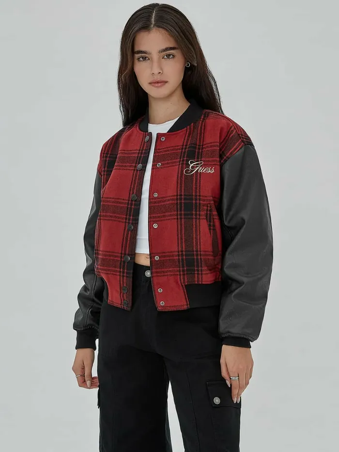 GUESS Originals Plaid Varsity Jacket Jet Black Multi Jackets and Coats GUESS Women GUESS Originals Plaid Varsity Jacket Jet Black Multi Jackets and Coats GUESS Women