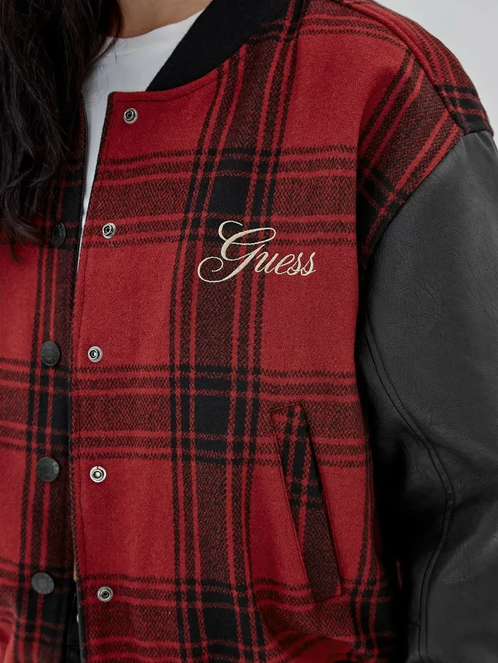 GUESS Originals Plaid Varsity Jacket Jet Black Multi Jackets and Coats GUESS Women