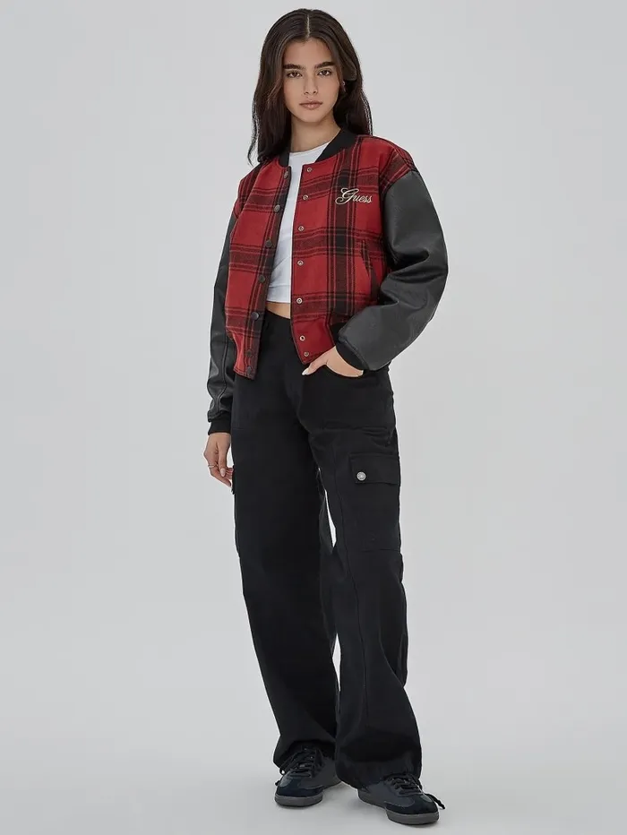 GUESS Originals Plaid Varsity Jacket Jet Black Multi Jackets and Coats GUESS Women