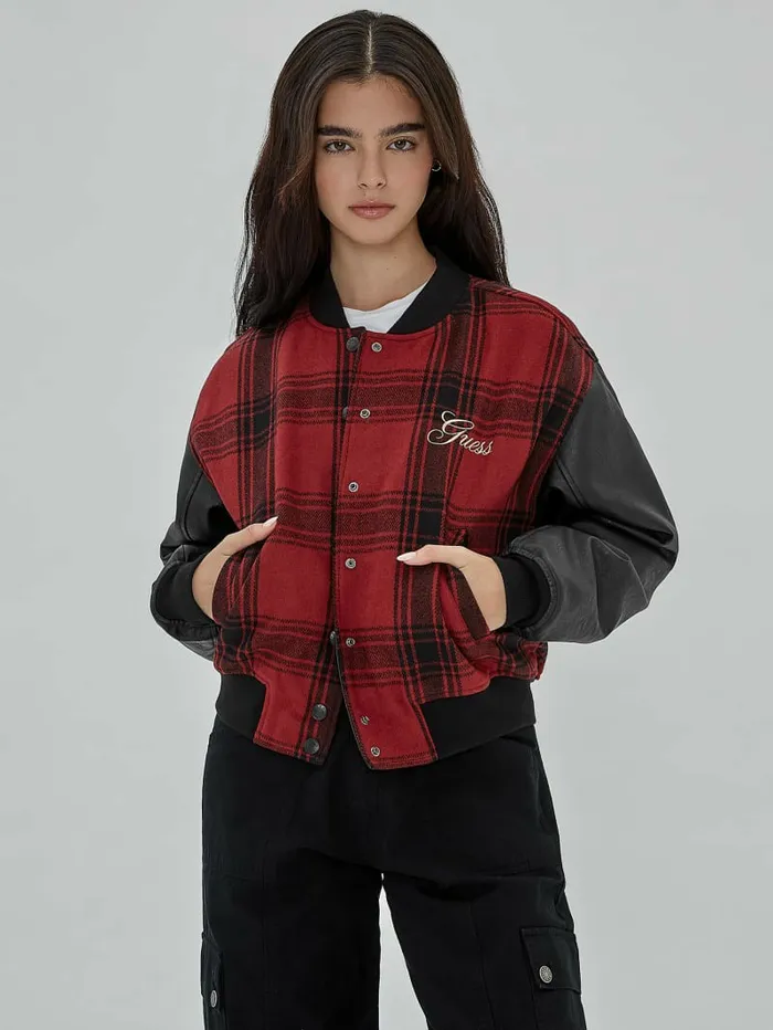 GUESS Originals Plaid Varsity Jacket Jet Black Multi Jackets and Coats GUESS Women
