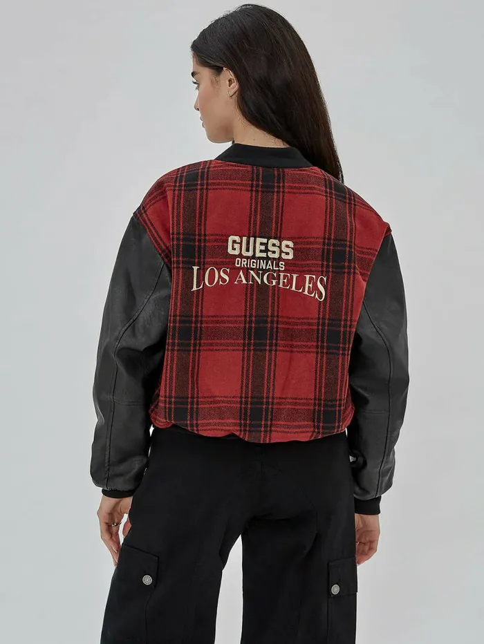 GUESS Originals Plaid Varsity Jacket Jet Black Multi Jackets and Coats GUESS Women