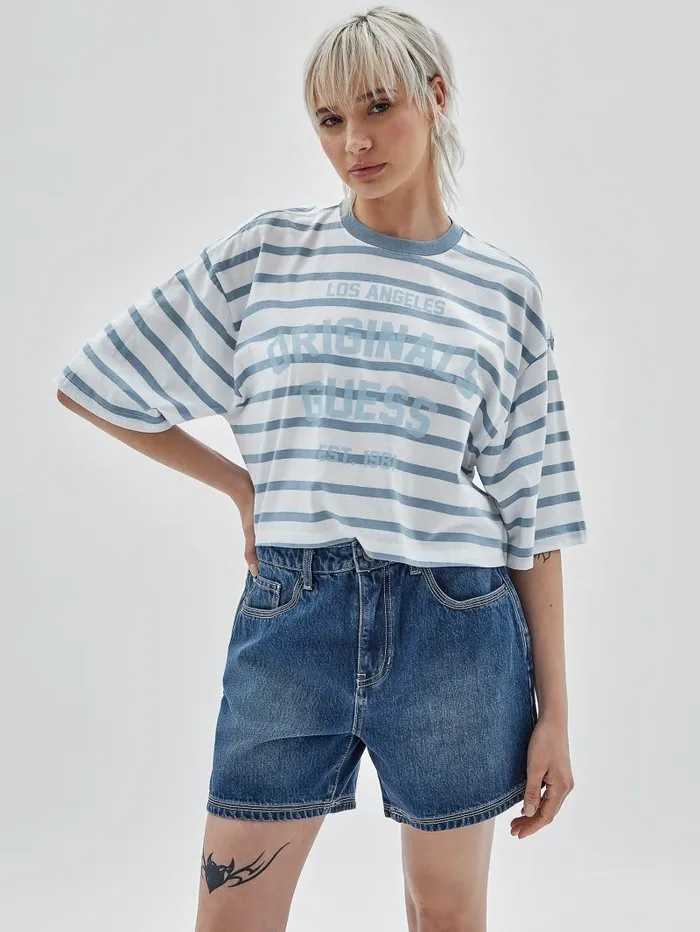 GUESS Originals Striped Cropped Shirt Aerial Blue Multi Tops GUESS Women