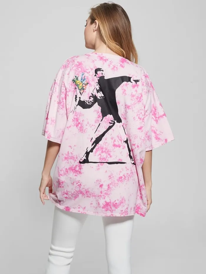 GUESS Oversized Throwing Flowers Lounge Tee Striking Fuchsia Pink Mul Women Tops