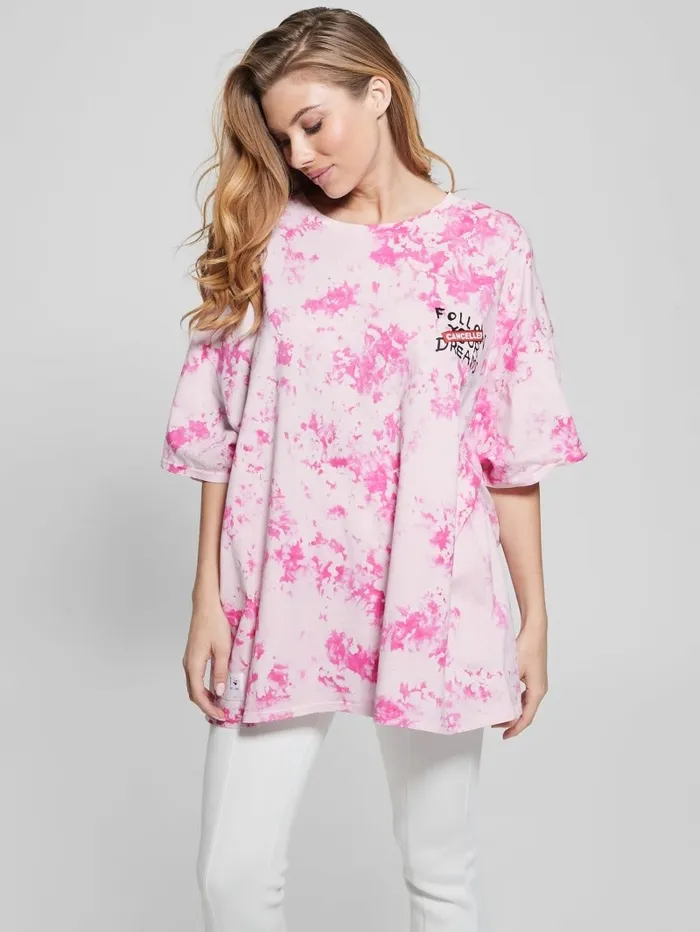 GUESS Oversized Throwing Flowers Lounge Tee Striking Fuchsia Pink Mul Women Tops
