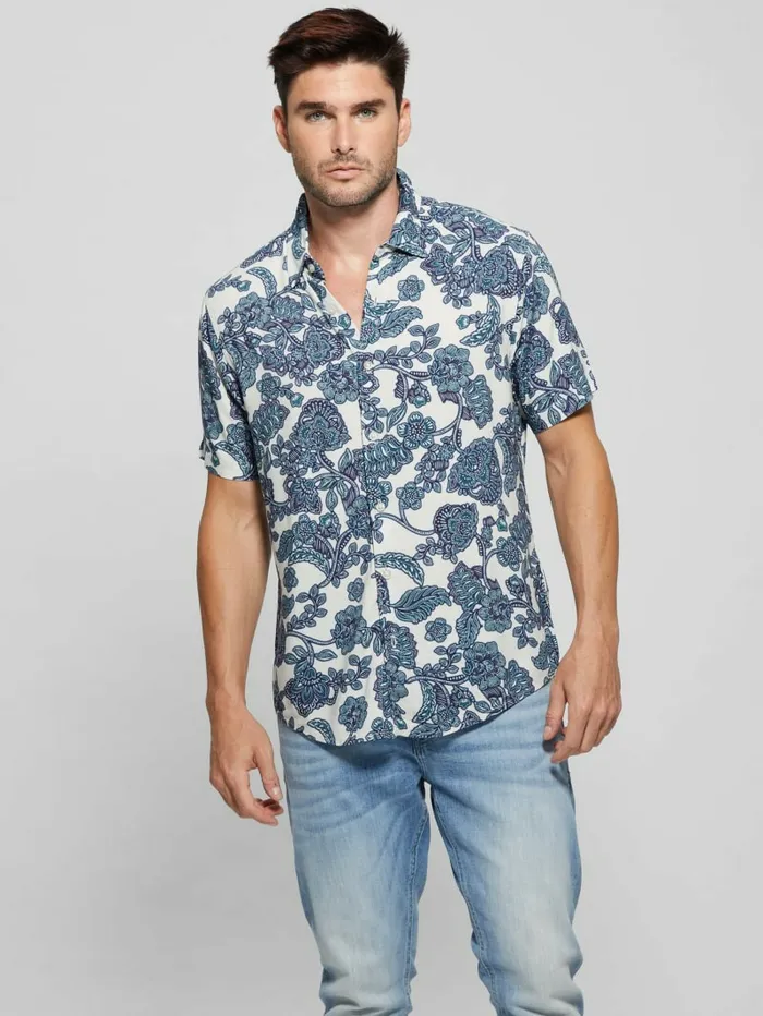 GUESS Shirts Men Eco Rayon Jacobean Shirt Western Jacobean Salt Whi