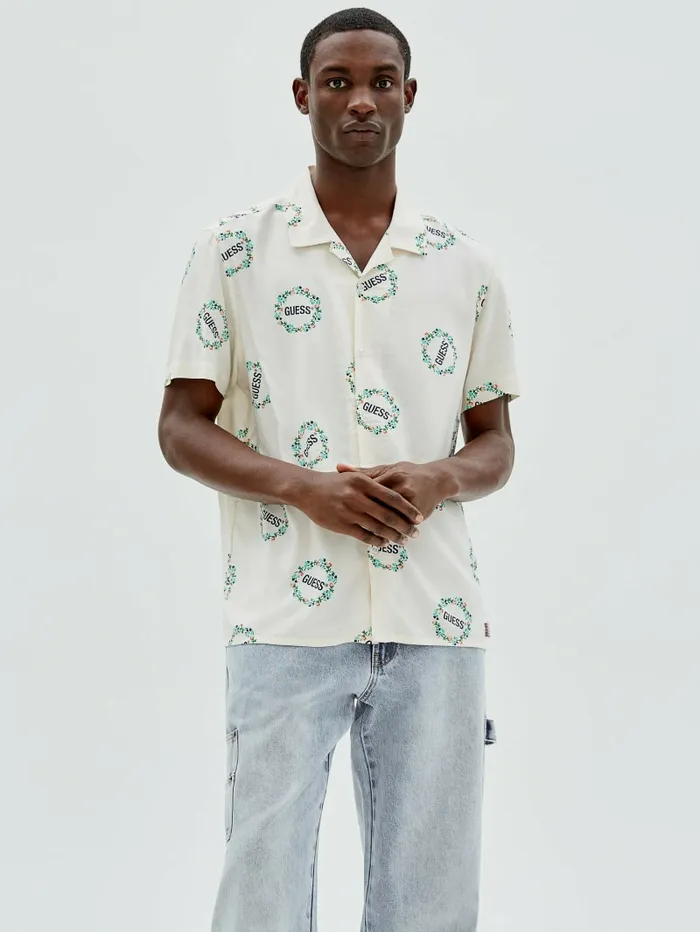 GUESS Shirts Men GUESS Originals Logo ShortSleeve Shirt Cream White Multi