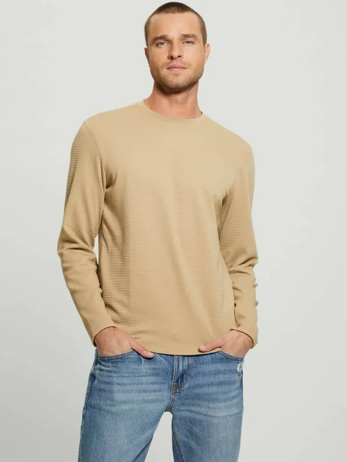 GUESS TShirts and Tanks Men Textured Longsleeve Tee Uniform Tan