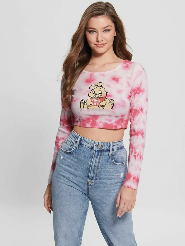 GUESS Tops Women Bunny Graphic TieDye Top Morning Pink Multi