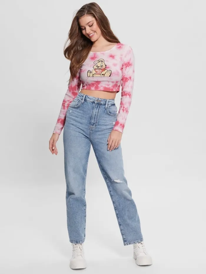 GUESS Tops Women Bunny Graphic TieDye Top Morning Pink Multi