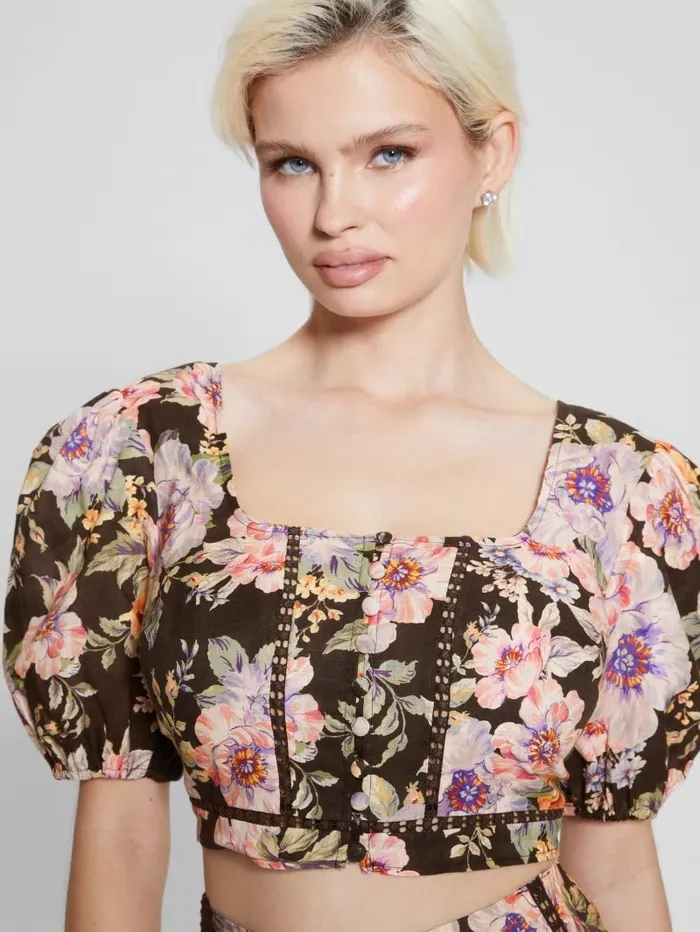 GUESS Tops Women Eco Cassandra Puffed Floral Crop Top Ciaobella GUESS Tops Women Eco Cassandra Puffed Floral Crop Top Ciaobella
