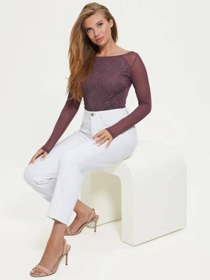 GUESS Tops Women Ellie Rhinestone Bodysuit Mineral Violet GUESS Tops Women Ellie Rhinestone Bodysuit Mineral Violet