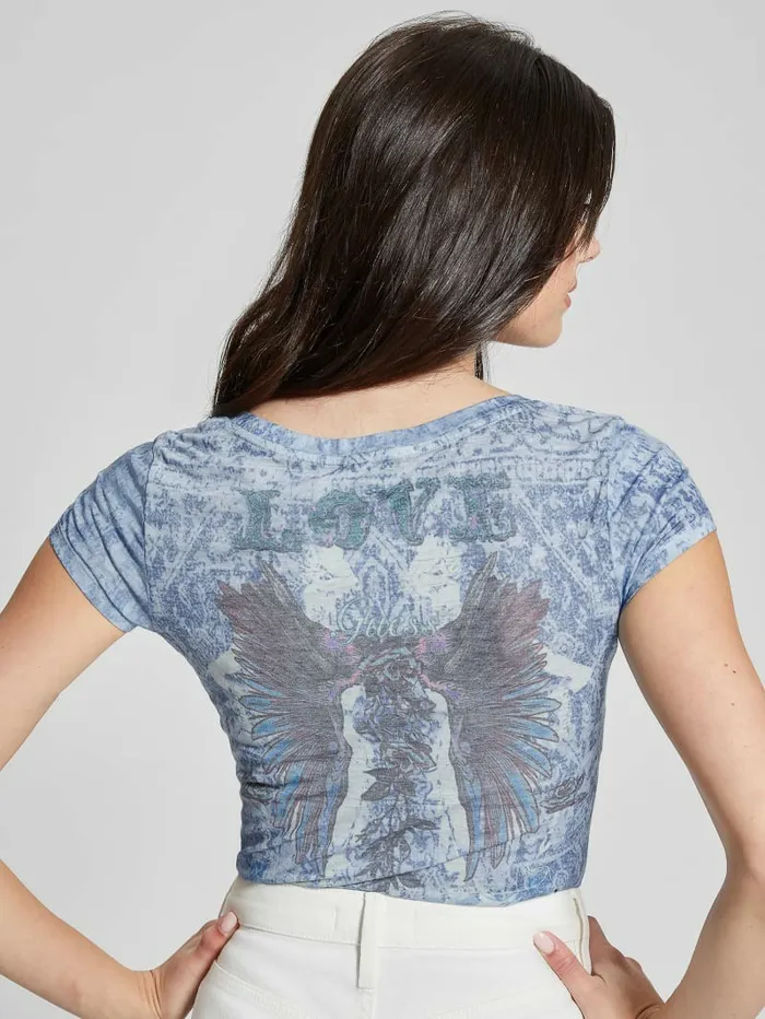 GUESS Tops Women Embellished Love Wings Tee Nordic Sea Multi GUESS Tops Women Embellished Love Wings Tee Nordic Sea Multi