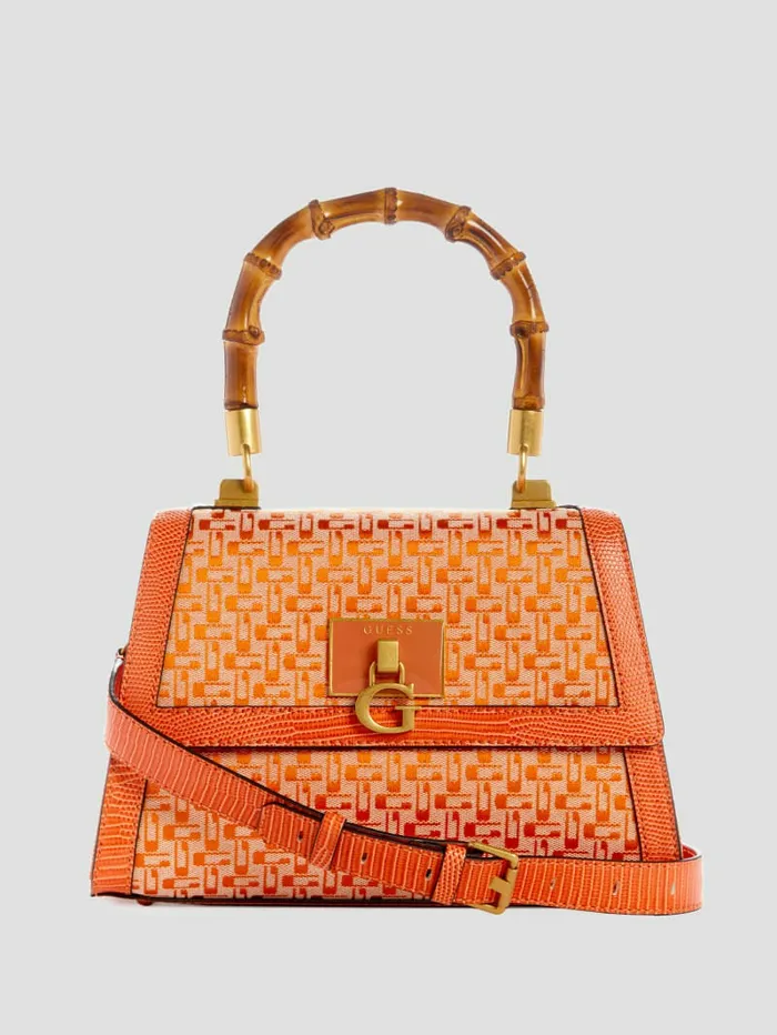 Handbags GUESS Women Stephi Bamboo FoldOver Satchel Orange Logo