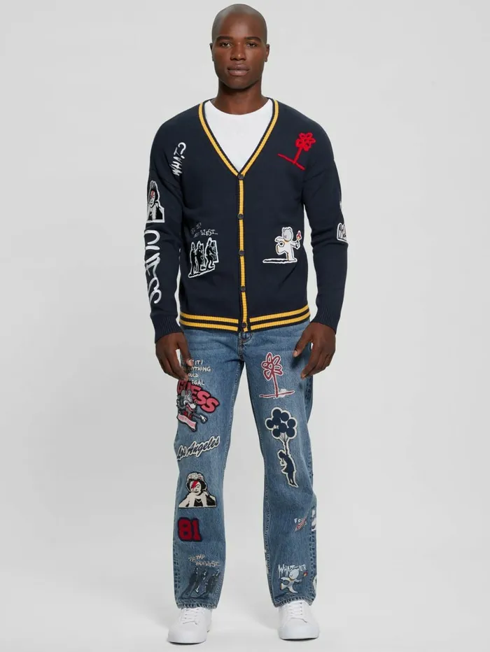 Hoodies and Sweaters Men Caleb Patched Cardigan Bleu lgant GUESS