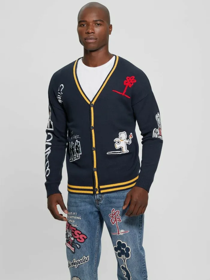 Hoodies and Sweaters Men Caleb Patched Cardigan Bleu lgant GUESS