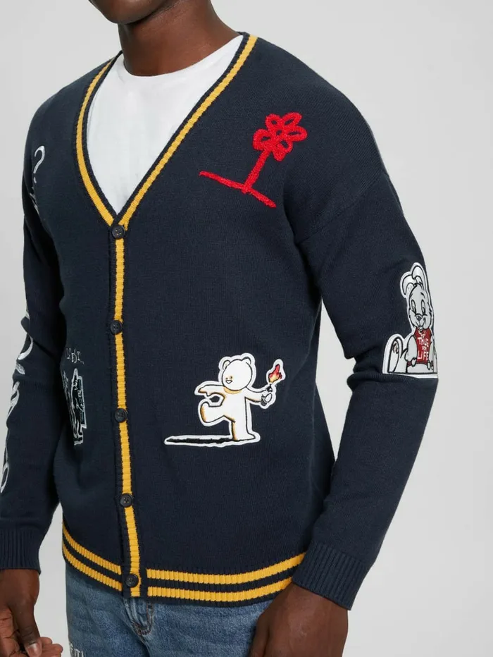 Hoodies and Sweaters Men Caleb Patched Cardigan Bleu lgant GUESS
