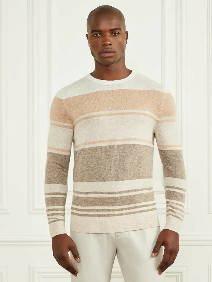 Hoodies and Sweaters Men GUESS CashmereBlend Crewneck Sweater Natural Stripes