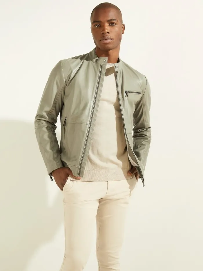 Jackets and Coats GUESS Men Leather Biker Jacket Mossy Green