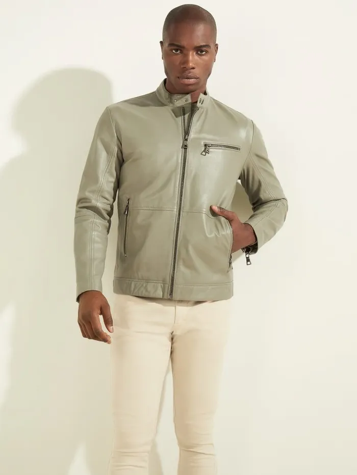 Jackets and Coats GUESS Men Leather Biker Jacket Mossy Green