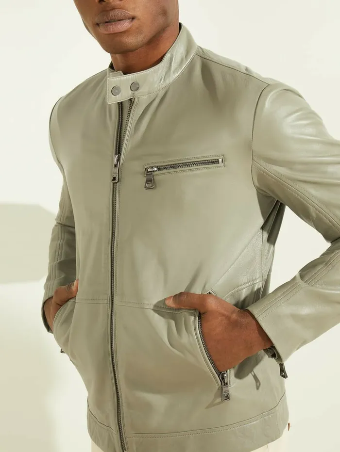 Jackets and Coats GUESS Men Leather Biker Jacket Mossy Green