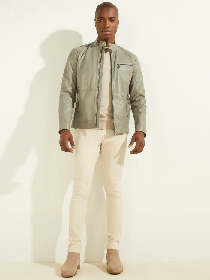 Jackets and Coats GUESS Men Leather Biker Jacket Mossy Green