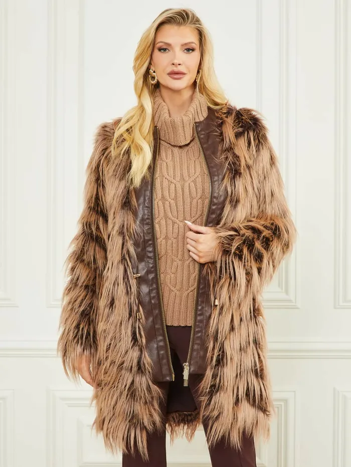 Jackets and Coats GUESS Women Dinah Shaggy Coat Dark Bourbon With Classic