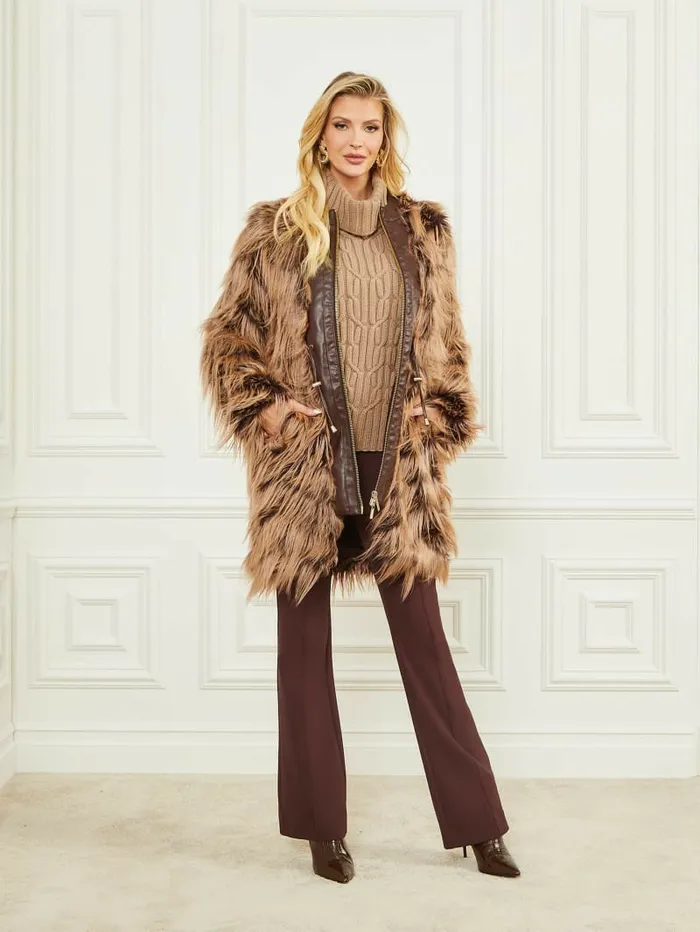 Jackets and Coats GUESS Women Dinah Shaggy Coat Dark Bourbon With Classic