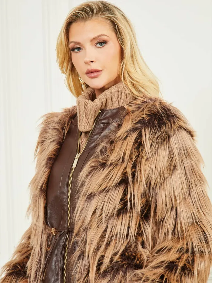 Jackets and Coats GUESS Women Dinah Shaggy Coat Dark Bourbon With Classic