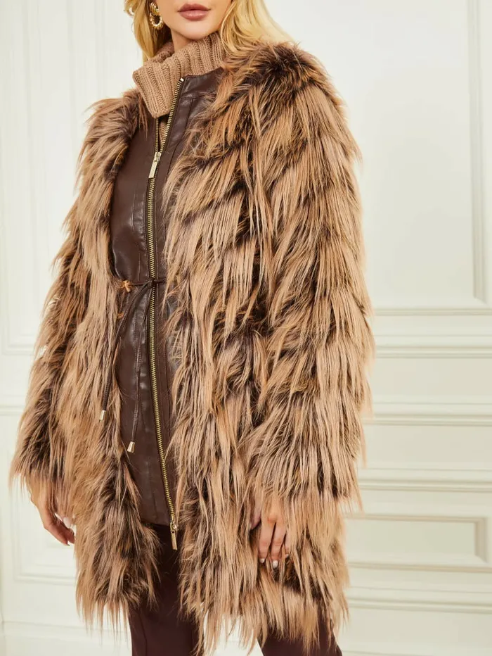 Jackets and Coats GUESS Women Dinah Shaggy Coat Dark Bourbon With Classic