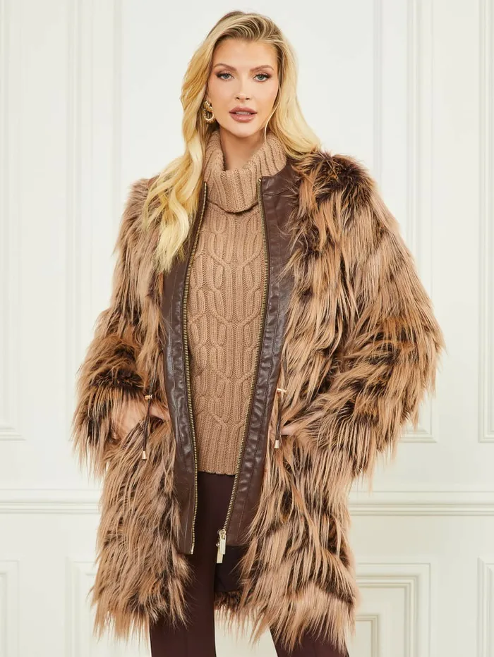 Jackets and Coats GUESS Women Dinah Shaggy Coat Dark Bourbon With Classic