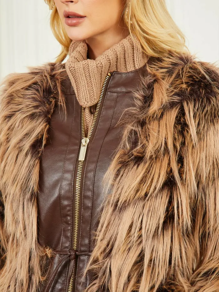 Jackets and Coats GUESS Women Dinah Shaggy Coat Dark Bourbon With Classic