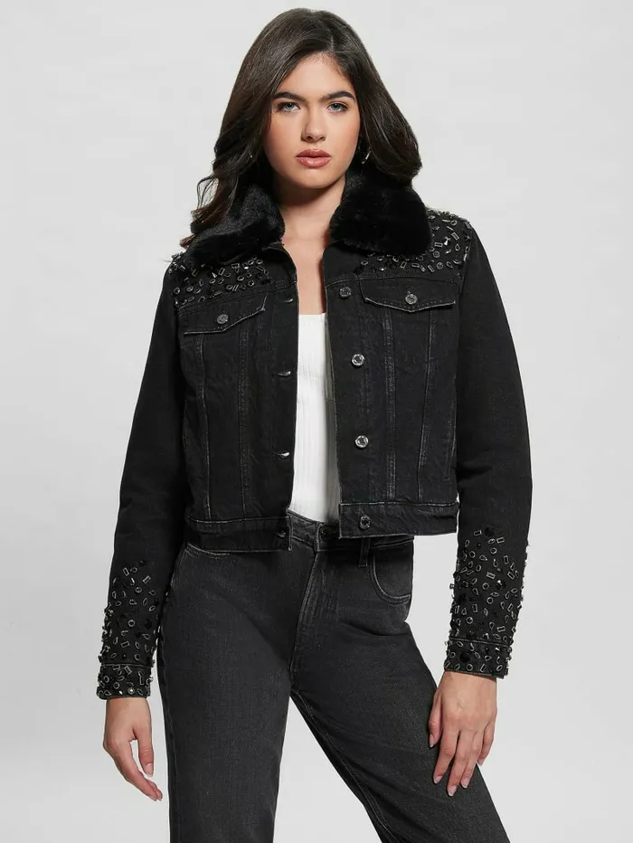 Jackets and Coats GUESS Women Eco Doria Shearling Collar Denim Jacket Craters Stones Jackets and Coats GUESS Women Eco Doria Shearling Collar Denim Jacket Craters Stones