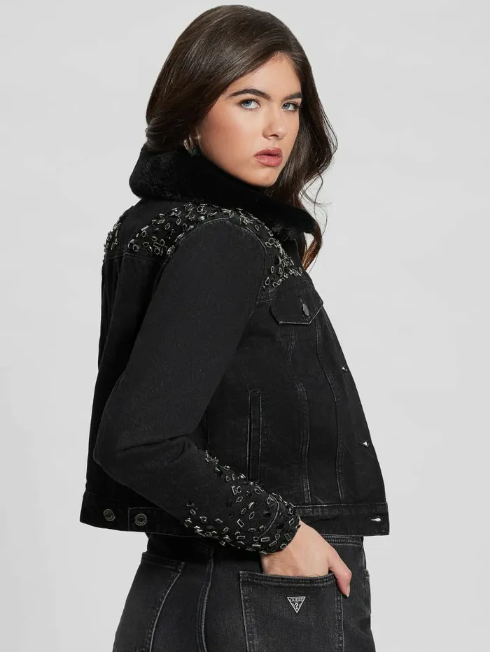 Jackets and Coats GUESS Women Eco Doria Shearling Collar Denim Jacket Craters Stones Jackets and Coats GUESS Women Eco Doria Shearling Collar Denim Jacket Craters Stones