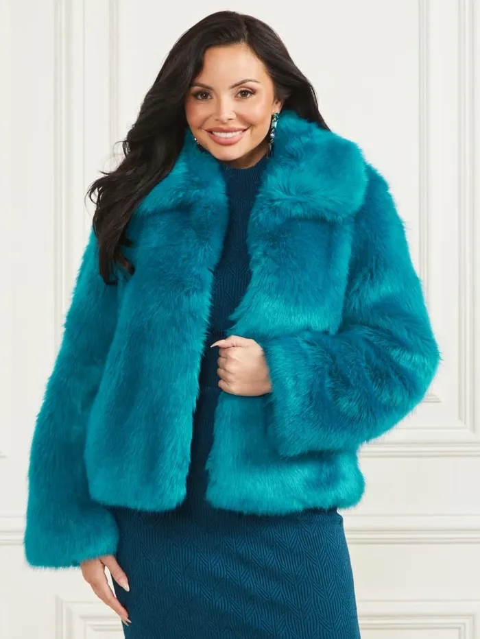 Jackets and Coats Gwenda FauxFur Jacket Bermuda Blue With Darker 8211 GUESS Women Jackets and Coats Gwenda FauxFur Jacket Bermuda Blue With Darker 8211 GUESS Women