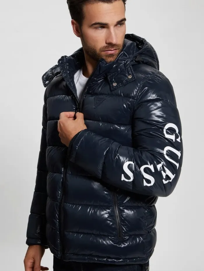 Jackets and Coats Men GUESS Shiny Hooded Puffer Jacket Bleu lgant