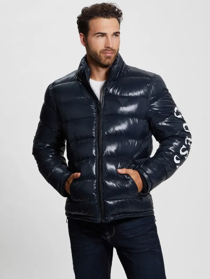 Jackets and Coats Men GUESS Shiny Hooded Puffer Jacket Bleu lgant Jackets and Coats Men GUESS Shiny Hooded Puffer Jacket Bleu lgant