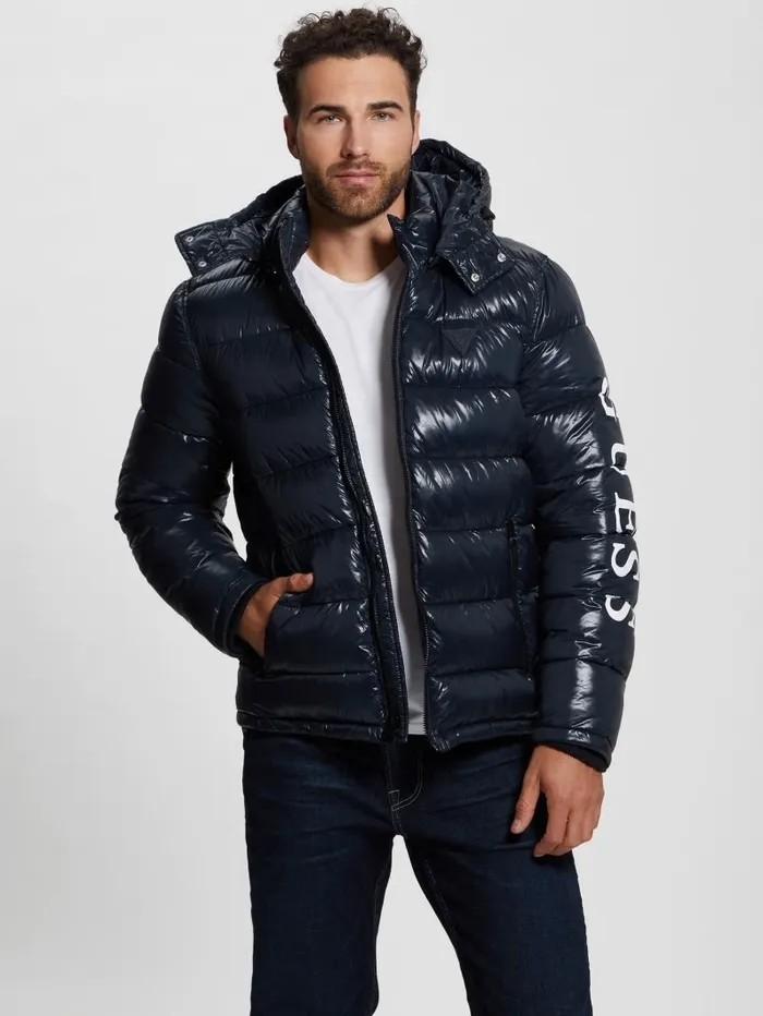 Jackets and Coats Men GUESS Shiny Hooded Puffer Jacket Bleu lgant Jackets and Coats Men GUESS Shiny Hooded Puffer Jacket Bleu lgant