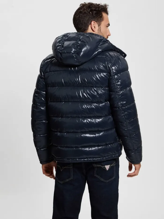 Jackets and Coats Men GUESS Shiny Hooded Puffer Jacket Bleu lgant Jackets and Coats Men GUESS Shiny Hooded Puffer Jacket Bleu lgant