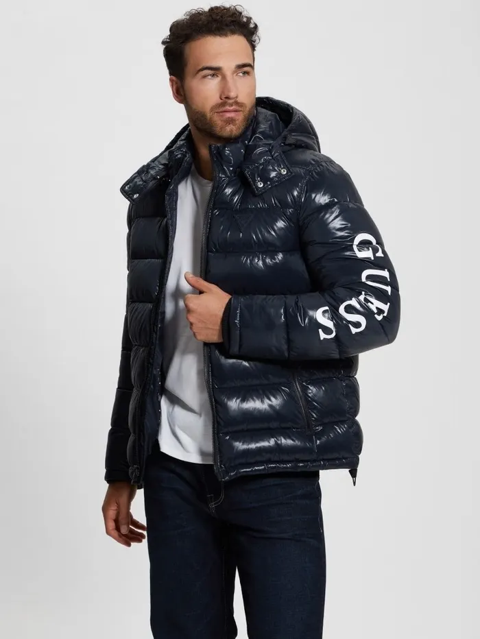 Jackets and Coats Men GUESS Shiny Hooded Puffer Jacket Bleu lgant Jackets and Coats Men GUESS Shiny Hooded Puffer Jacket Bleu lgant