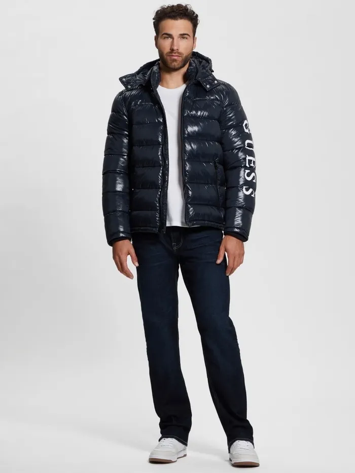Jackets and Coats Men GUESS Shiny Hooded Puffer Jacket Bleu lgant Jackets and Coats Men GUESS Shiny Hooded Puffer Jacket Bleu lgant