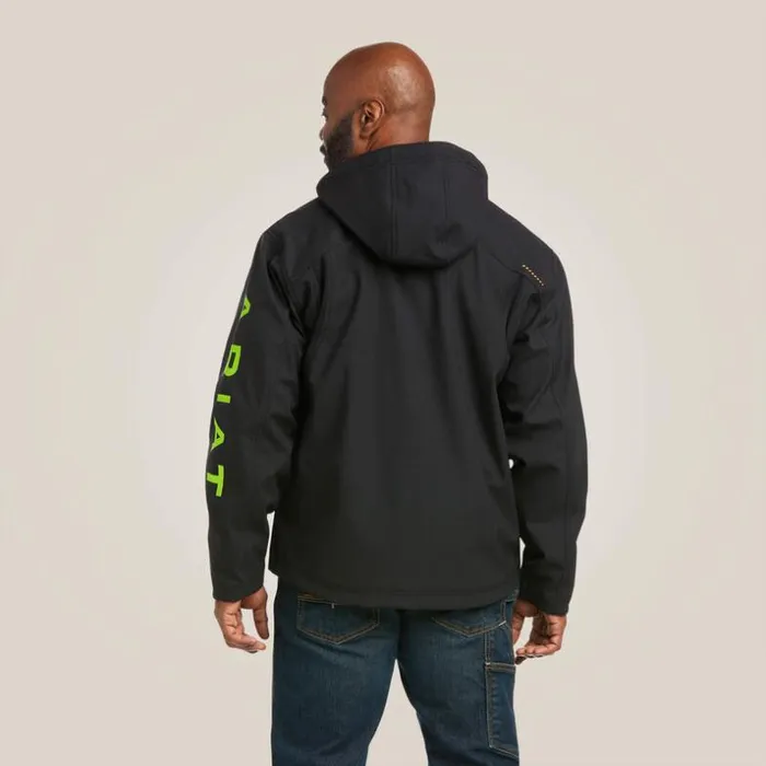 Jackets and Vests Men Ariat Rebar Stretch Canvas Softshell Hooded Logo Jacket Blacklime