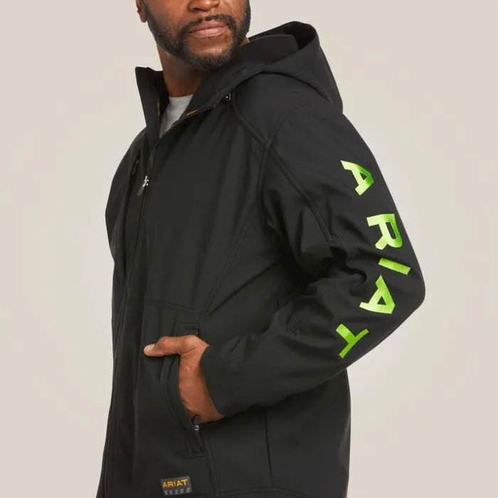 Jackets and Vests Men Ariat Rebar Stretch Canvas Softshell Hooded Logo Jacket Blacklime