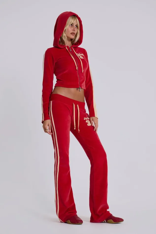 Jaded London Baggy Joggers and Sweatpants Women Red Three Velour Lowrise Bootcut Trousers Red
