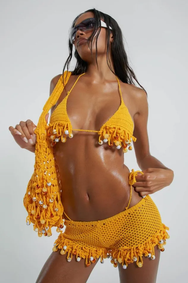 Jaded London Beach Cover Ups Women Canary Knit Shorts With Beaded Trim Yellow