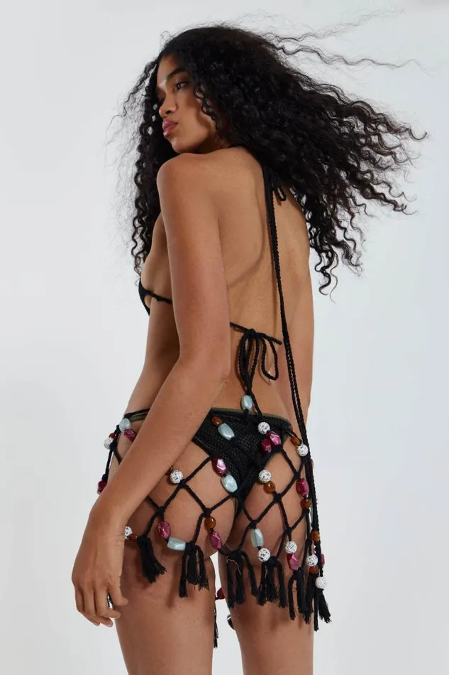 Jaded London Beach Cover Ups Women Dusk Macrame Mini Dress With Beaded Trim Black