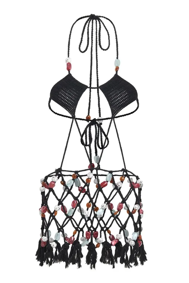 Jaded London Beach Cover Ups Women Dusk Macrame Mini Dress With Beaded Trim Black