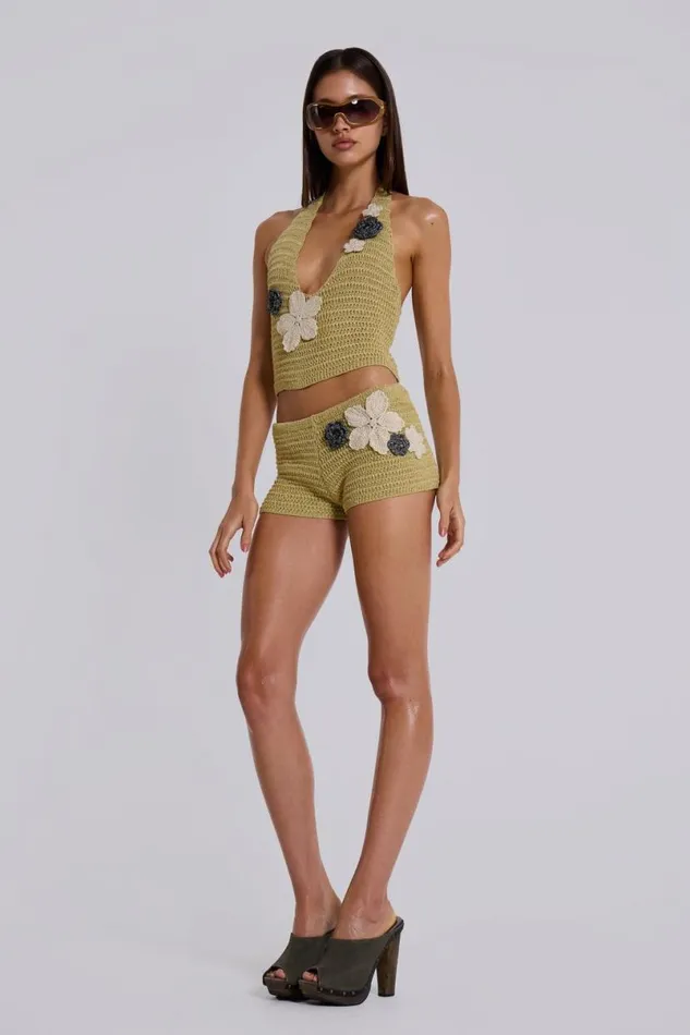 Jaded London Beach Cover Ups Women Vine Crochet Plunge Top With Flower Detail Green