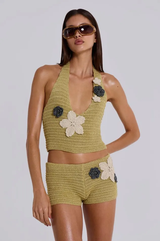 Jaded London Beach Cover Ups Women Vine Crochet Plunge Top With Flower Detail Green