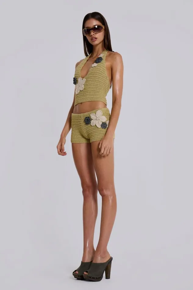 Jaded London Beach Cover Ups Women Vine Crochet Plunge Top With Flower Detail Green